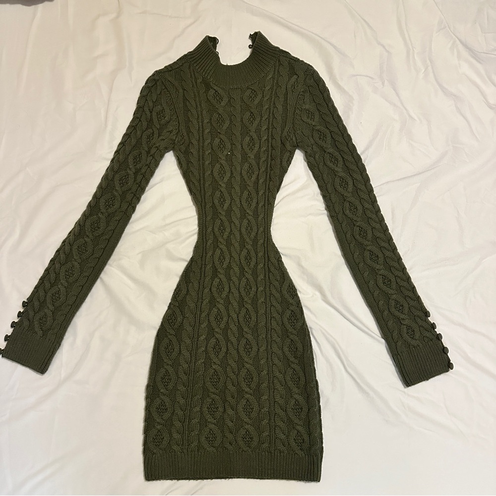 Danielle Guizio Cable Knit Backless Turtleneck Dress in forest green